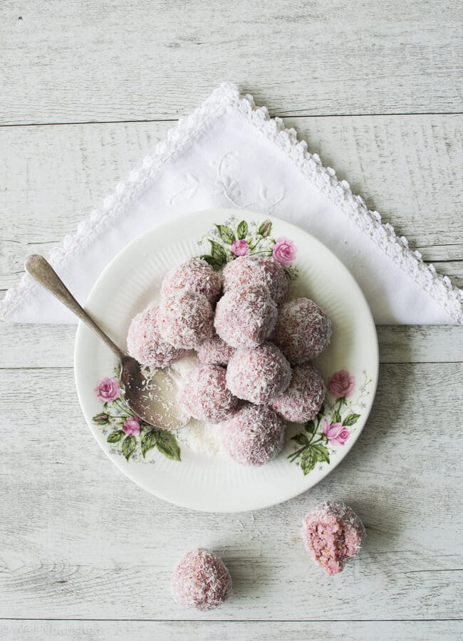 Raspberry coconut bliss balls - Want to break the chocolate overload this Easter? Why not try Raspberry Coconut Bliss Balls or simply "Easter Bunny Tails".