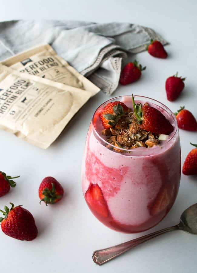This Strawberry Shortcake Protein Smoothie includes a sneaky serve of vegetables in a delicious and nutritious strawberry smoothie.