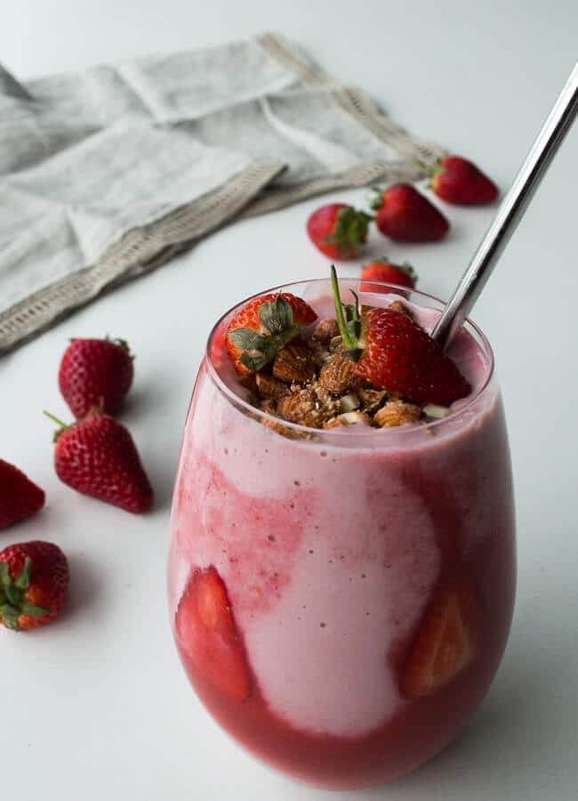 This Strawberry Shortcake Protein Smoothie includes a sneaky serve of vegetables in a delicious and nutritious strawberry smoothie.