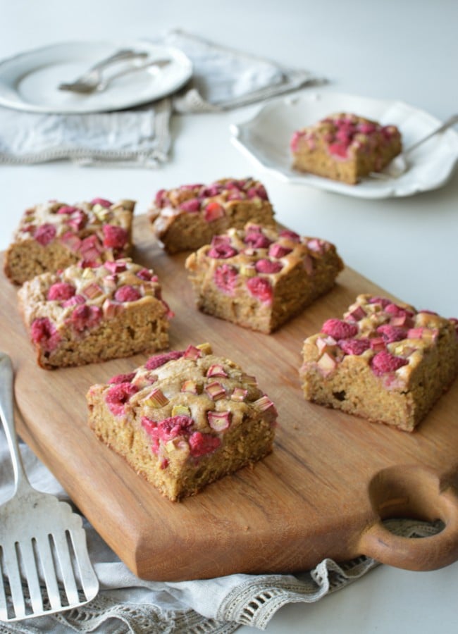 This Banana Rhubarb and Raspberry Slice tastes amazing.  The sweetness of the ripe bananas paired with the tartness of the rhubarb is a perfect match.