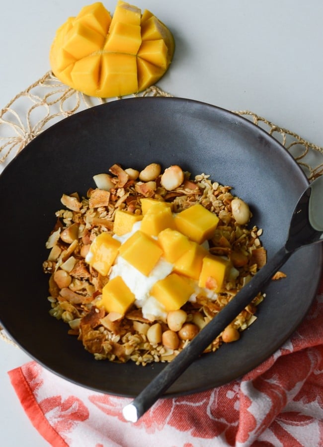 My Mango Macadamia Muesli sweetened with pureed fruit makes for a crispy crunchy granola. An easy and delicious variation that the family will love.
