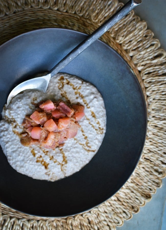 This Maple Chai Chia Pudding with Rhubarb and Apple Compote is a delicious and nourishing start to the day. Creamy chai flavours with fresh stewed fruit.