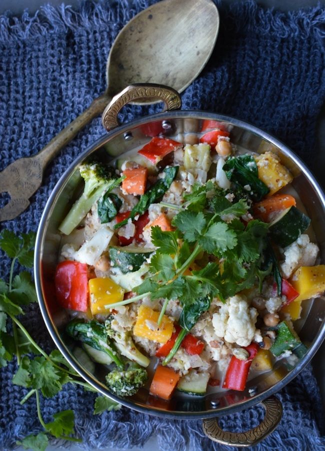 This Vegetable Korma is a nutritionally balanced, iron rich meal. The nuts, chickpeas and spinach are particularly rich in iron.