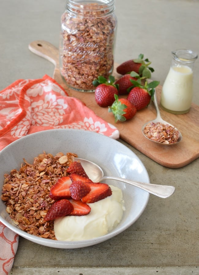 This delicious, easy to make, naturally sweetened Raspberry Muesli is a fabulous staple for any healthy pantry.