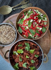 This pull apart Indian Brisket is a lovely set and forget meal. Rich and full of flavour, that is delicious with the slaw and yoghurt.
