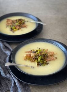 This creamy Potato Leek Soup is delicious with crunchy skins and leek on top. Bonus, no waste for this delicious soup using the whole leek!