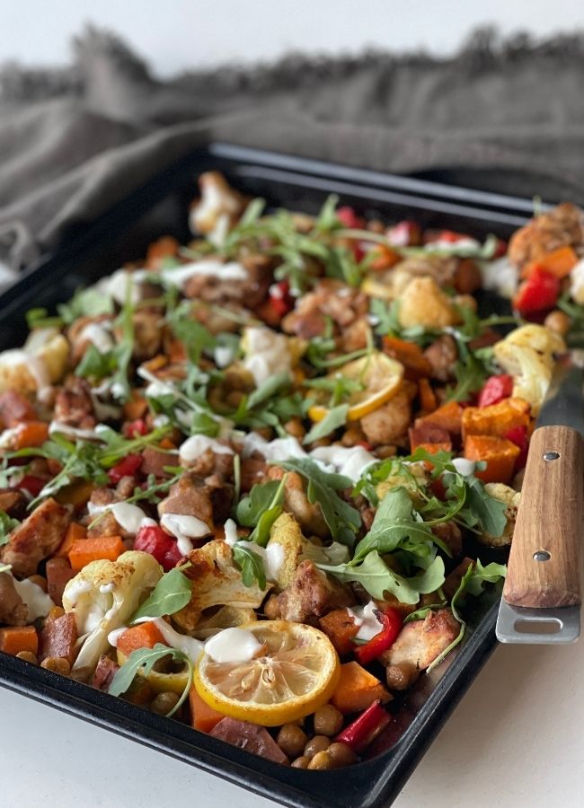 This Middle Eastern Chicken Tray Bake is a beautiful, easy to make meal that will leave you with only one tray to wash up.