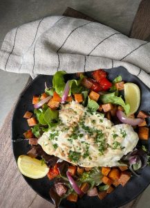 This tray bake Tahini Baked Fish is a quick, simple and tasty meal. It’s another recipe that has the thumbs up from my fish fussy child.