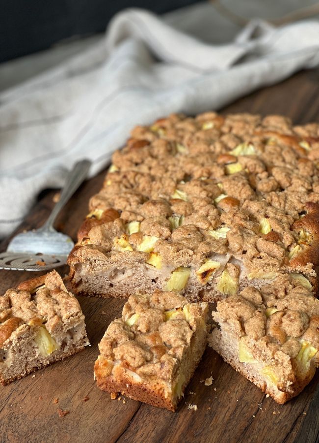 This healthy, wheat-free Pineapple Crumble Cake is easy to make and delicious with variations for gluten-free, egg-free and vegan.