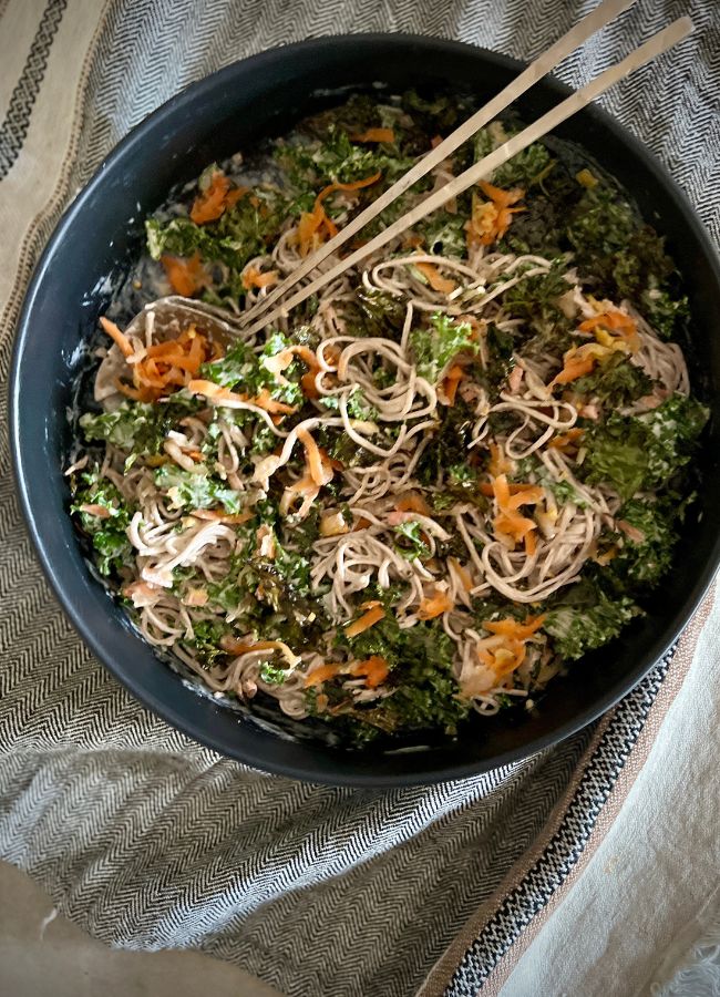 This Kale Soba Salad is a simple, but quite complex combination of flavours. Each part of this salad plays a part…the two textures of kale, the creamy tahini sauce and the acidity of the kim chi.