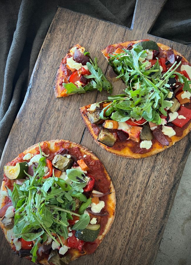 Roast Vegetables Two Ways is a really time efficient way to produce two delicious plant based meals including this Roast Veggie Pizza
