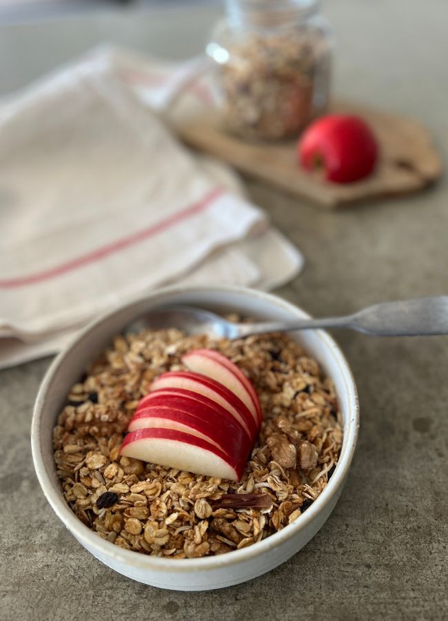 This Apple Pie Granola is sweetened with pureed fruit which makes for a crispy crunchy granola that my whole family adores.