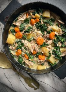 This simple, classic Creamy Chicken Stew is a delicious, one pot slow cooked meal. Simply throw it all into the Dutch oven or slow cooker and let the flavours magically develop.