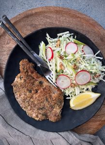 This Pork Sage Schnitzels with Coleslaw is such a beautiful meal. The flavours of the pork pair so well with the coleslaw and the crunchy, herby crust on the pork is divine.