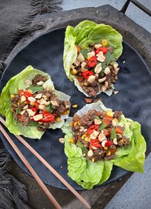 These Beef Peanut Lettuce Cups are a quick, easy to make healthy family meal. Serve the mince buffet style so the family can make their own ‘cups’ adding whatever they like to serve.