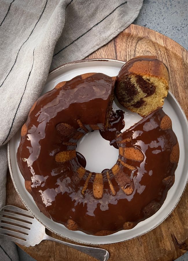 This is a simple cake that makes a big impression. Creamy vanilla and rich chocolate cake swirled together for a marble effect.