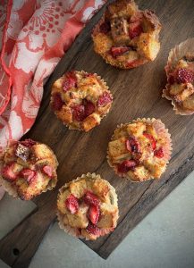 These Strawberry Bread and Butter Muffins are a budget friendly recipe (we all need that right now!) and allows for a range of tastes or what's on hand. Softer fruit works best in these such as banana, berries, stone fruit or mango, otherwise lightly cooked apples or pears suit too.