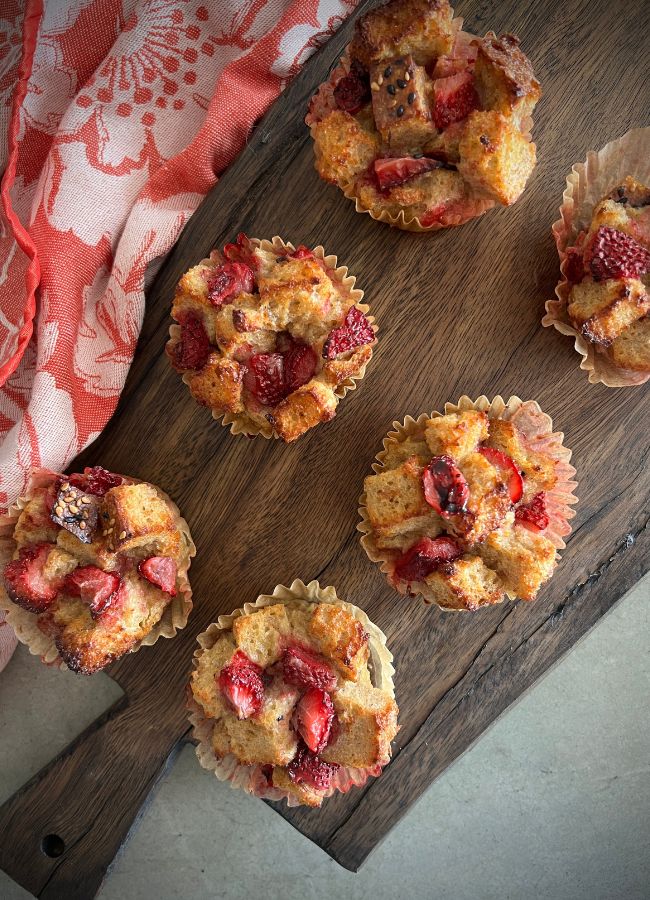 These Strawberry Bread and Butter Muffins are a budget friendly recipe (we all need that right now!) and allows for a range of tastes or what's on hand. Softer fruit works best in these such as banana, berries, stone fruit or mango, otherwise lightly cooked apples or pears suit too.
