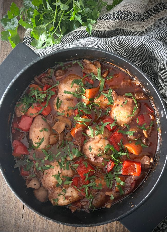 This Chicken Coq Au Vin (literally, rooster in wine!) is a quick and easy one-pot meal. The vegetables and chicken are gently braised in red wine, chicken broth and tomato paste, giving a super tasty stew that pairs beautifully with mashed potato.