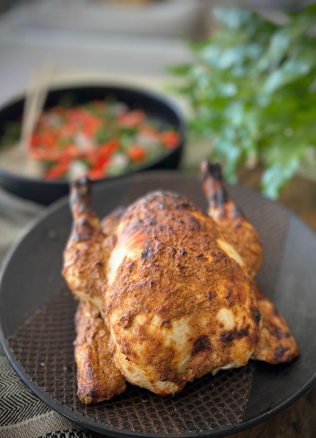 This is a tender and delicious way to roast chicken. The spices-infused yoghurt is coating the chicken all over, giving a wonderful flavour that is hard to match in a roast chicken.