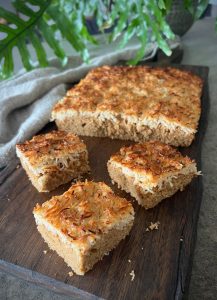 A healthier, low sugar take on the Danish Dream Cake this recipe features a buttery vanilla base topped with caramelised coconut.