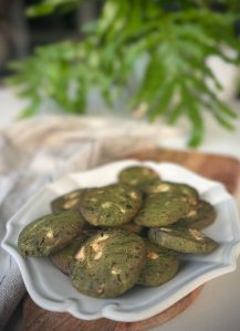 These easy Matcha White Choc Chip Biscuits are a delicious, naturally sweetened, adaptable snack that's great for afternoon tea or lunchboxes