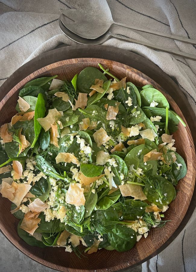 This Spanakopita Salad combines spinach, dill, feta and crisp filo pastry with a tangy lemon dressing - divine flavours for a simple salad