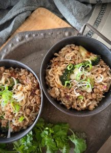 Quick Korean pork noodles with ramen, broccoli and kimchi. A nourishing, high-protein dinner made in one pan, perfect for busy weeknights.