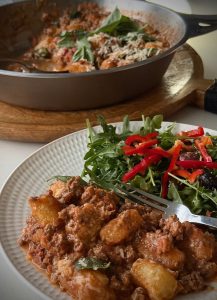 This creamy beef gnocchi is a quick, delicious family dinner packed with protein and simple whole food ingredients, ready in about 30 minutes