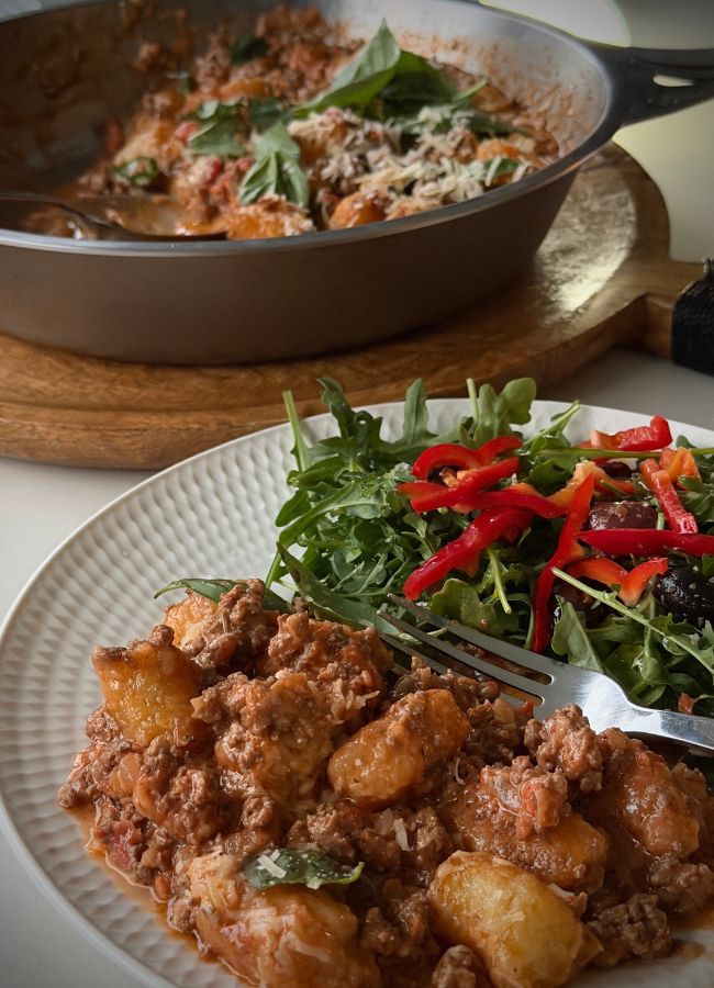 This creamy beef gnocchi is a quick, delicious family dinner packed with protein and simple whole food ingredients, ready in about 30 minutes
