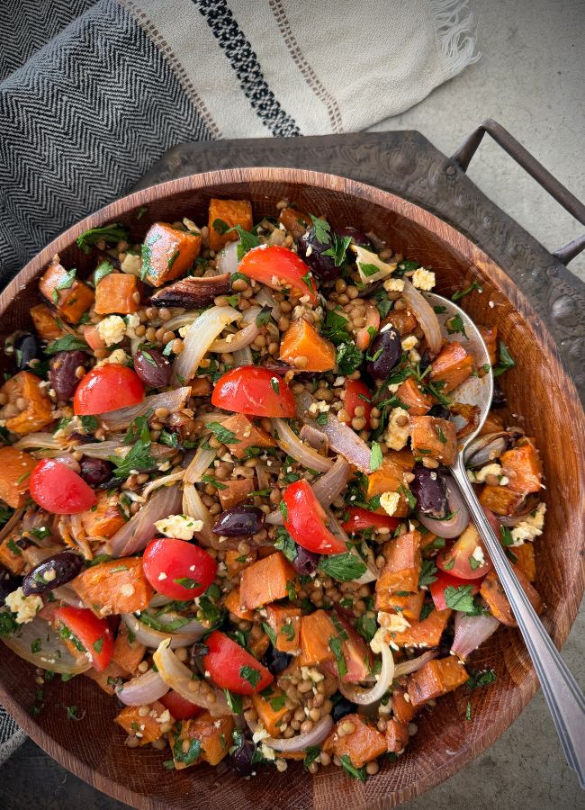 This delicious Lentil sweet potato salad is a fibre-rich, plant-based meal perfect as a side with meat or for a healthy lunch or easy dinner.