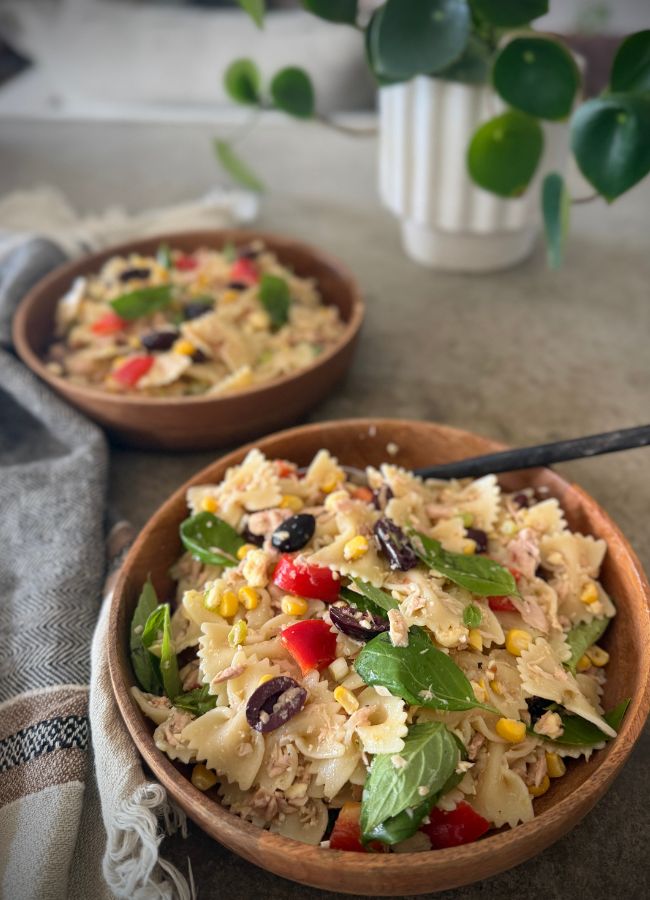 Easy tuna pasta salad with lemon, olives & herbs. A protein-rich, family-friendly whole food meal perfect for lunch, meal prep or easy dinners